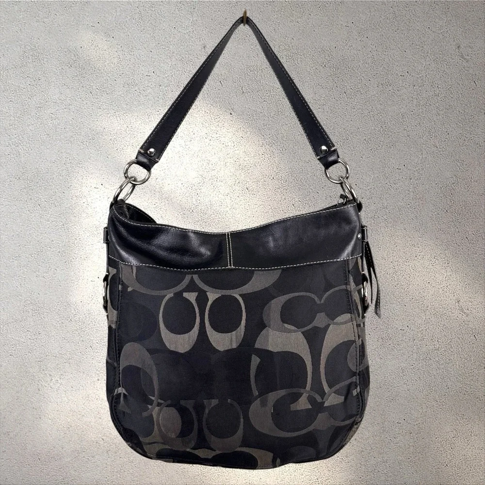 Coach Zoe Signature Hobo Bag Black Gray Monogram Canvas Leather Trim F14710